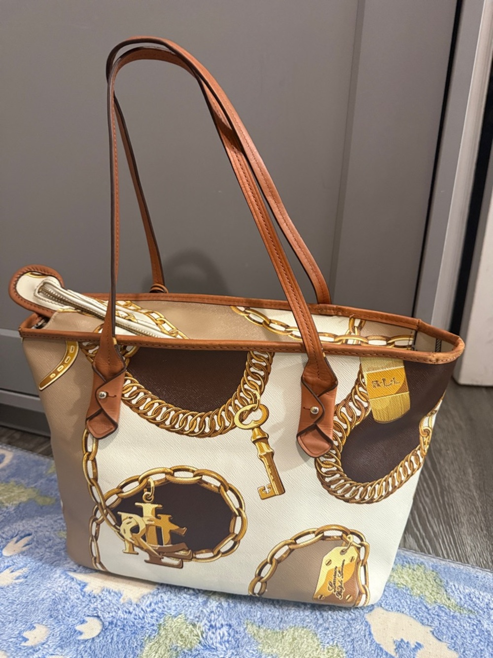 Ralph Lauren Cream Tote with Tan Straps and Gold Chain Print - Picture 2 of 7